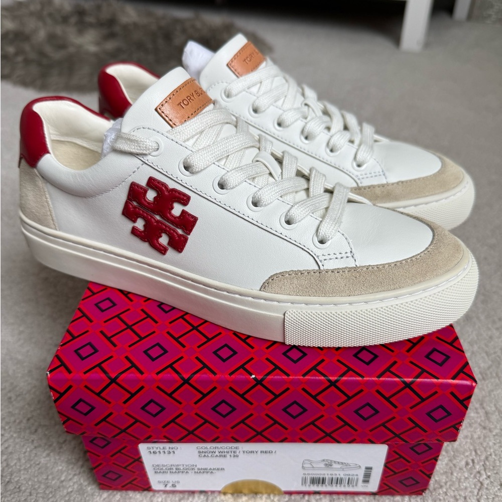 Tory Burch White and Red Logo Sneakers